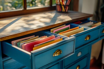 Colorful Cards in Vintage Blue Chest of Drawers