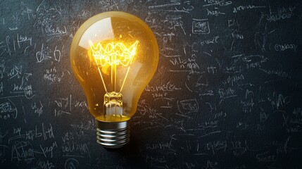 A glowing light bulb on the background of a blackboard with mathematical formulas, symbolizing idea and innovation, useful for educational and scientific materials.