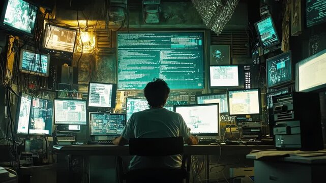 Amidst a chaotic backdrop of flickering screens and lines of shifting code a solitary hacker is momentarily framed in a burst of light revealing the tense concentration etched into