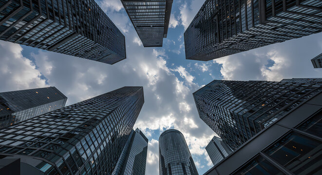 Low angle shot of several Skyscrapers-In a Business Environment-Blue Sky -White Clouds