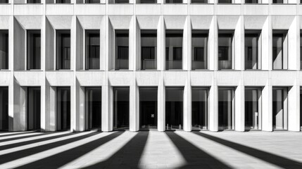 Fototapeta premium Modern architectural facade with sharp lines and shadows, emphasizing symmetry and design
