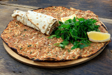 Lahmacun Turkish food pide on wooden