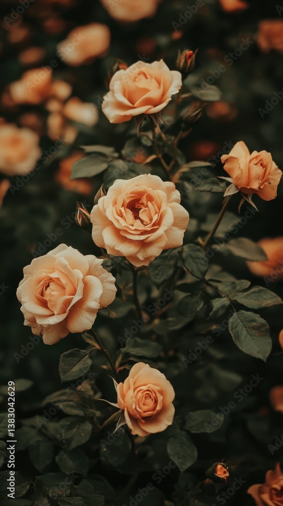 Poster captivating peach roses in a garden setting with a dark background and soft lighting creating a roma
