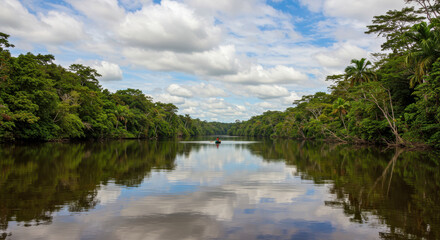 Serene River Journey: Kayaking through Lush Rainforest, Calm Waters & Breathtaking Cloud Reflections. Discover Nature's Paradise!