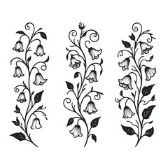 Set of twigs, branches of leaves, doodle floral pattern. Hand drawn Botanical drawing. Detailed line art bluebell, Campanula vine illustration. Outline Simple Stylized Art, harebell flowers blossom