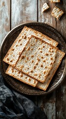 Traditional Jewish matzahs on a wooden surface symbolizing Passover traditions. For articles about Jewish holidays, cooking blogs, religious reviews.