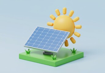 Cartoon solar panel on green grass with a cartoon sun on a light blue background rendering scene