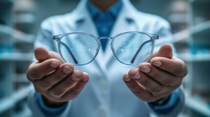 Optician holds glasses. Pharmacy background. Vision test, medical, healthcare use