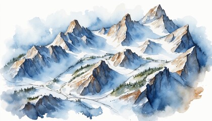 Snowy mountain landscape in watercolor style with peaks and valleys under a blue sky