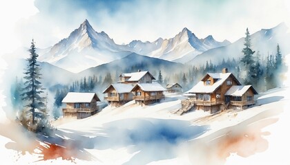 Watercolor winter mountain village with wooden cabins and snow-covered landscape