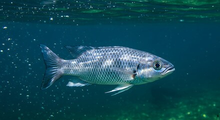 Naklejka premium Vibrant Blue Cichlid Fish Swimming in Clear Tropical Water