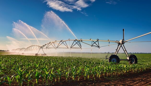 a corn field being watered by an agricultural irrigation system generated with ai