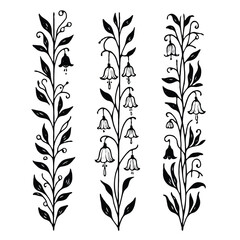 Set of twigs, branches of leaves, doodle floral pattern. Hand drawn Botanical drawing. Detailed line art bluebell, Campanula vine illustration. Outline Simple Stylized Art, harebell flowers blossom
