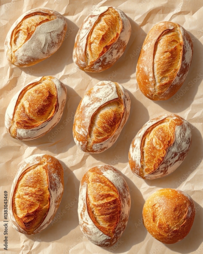 Poster rustic sourdough bread loaves arranged on parchment paper creating a warm inviting bakery atmosphere