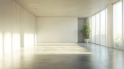 Fototapeta premium A large, empty room with a white wall and a potted plant in the corner