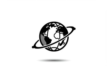 Stylized globe with ring orbiting around it on a white background with a subtle shadow below it