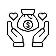 Donation and charity concept vector: hands holding money bag with hearts for fundraising and support