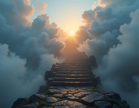 Sunrise Pathway to the Heavens: A Dramatic Stairway Through Clouds