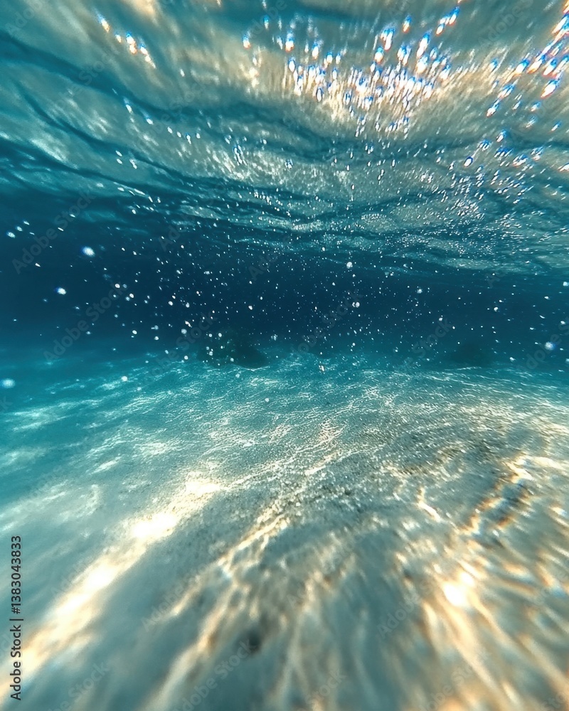 Poster serene underwater view of sandy seabed with sunbeams filtering through turquoise water creating a pe