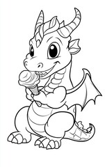 Kids Drawing Coloring page in A4 size featuring a cheerful dragon enjoying ice cream ready-to-print portrait
