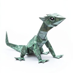 Fototapeta premium Intricate Green Origami Lizard Artfully Folded Paper Reptile Craft Detailed Close Up Shot