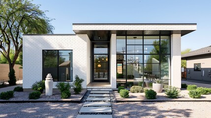 Obraz premium A small house with white brick exterior and a quaint front space.