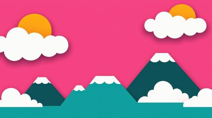 Paper Cut Style Sunset Landscape Teal Mountains and Pink Sky