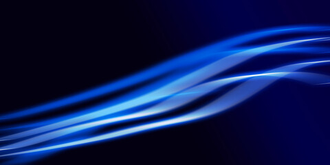 Dark abstract background with blue neon glowing lines. Abstract background, neon light, laser show, impulse, pulse power lines, energy impulse, blue glowing dynamic lines. Technology background