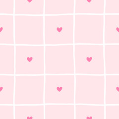 Vector seamless pattern combining romantic hearts and gingham in a soft color palette. Ideal for childrens products, nursery textiles, and Valentines-themed designs