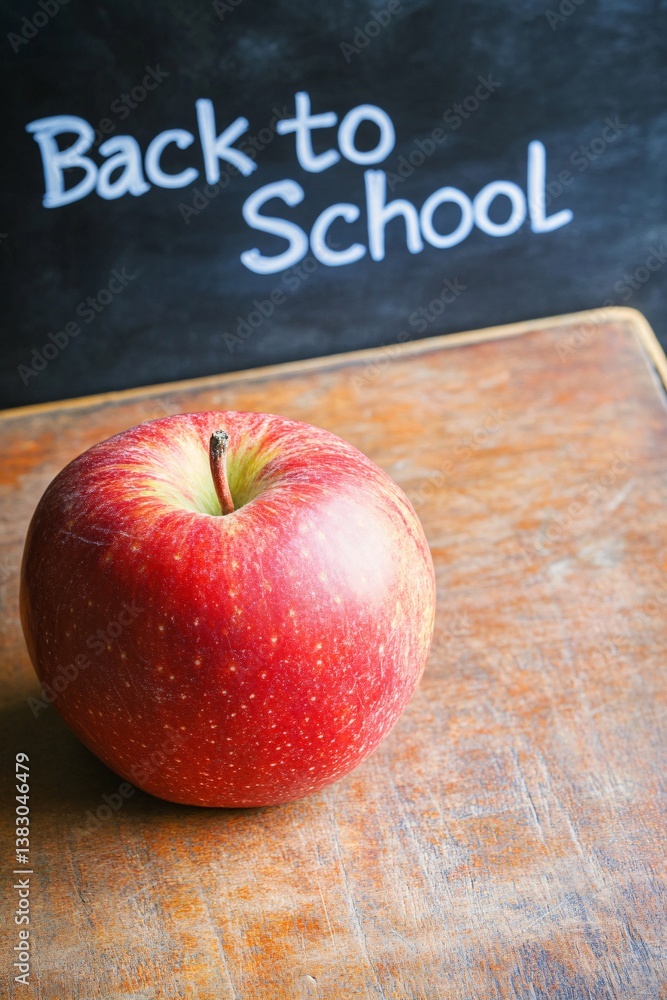 Poster red apple sitting on a desk with an out of focus blackboard with back to school written on it in the