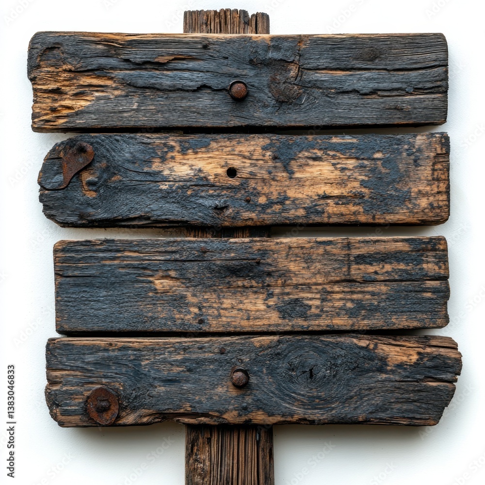 Poster rustic wooden signpost with weathered planks and rusty details on a clean white backdrop for text ov