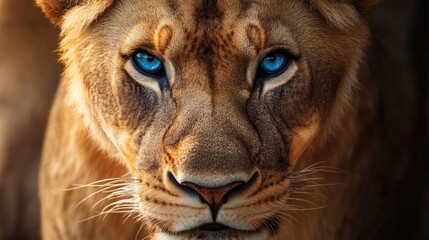 Lioness face with blue eyes in the wild