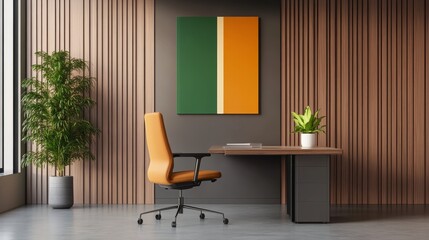 Modern office interior featuring a stylish desk and ergonomic chair with a vibrant wall art