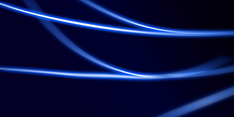 Dark abstract background with blue neon glowing lines. Abstract background, neon light, laser show, impulse, pulse power lines, energy impulse, blue glowing dynamic lines. Technology background