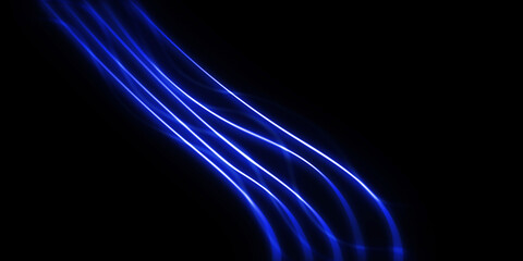 Dark abstract background with blue neon glowing lines. Abstract background, neon light, laser show,...