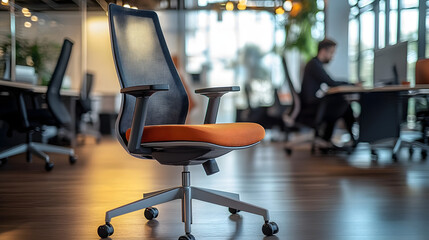 Fototapeta premium Ergonomic office chair stands empty in modern coworking space with blurred colleagues working