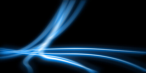 Dark abstract background with blue neon glowing lines. Abstract background, neon light, laser show, impulse, pulse power lines, energy impulse, blue glowing dynamic lines. Technology background