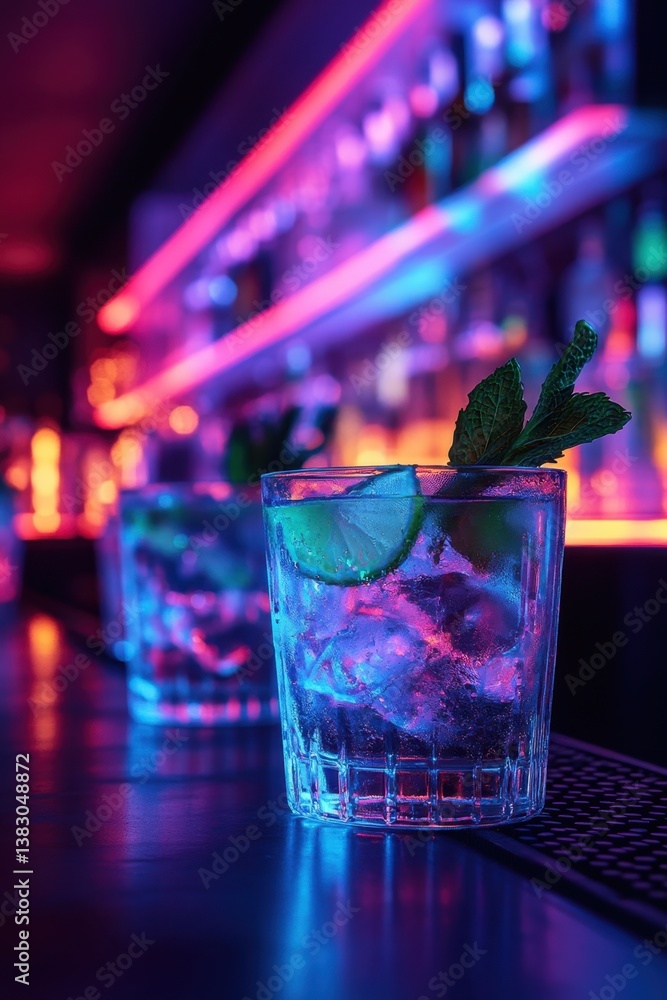 Poster refreshing gin tonic cocktail with lime and mint in a vibrant bar setting with neon lights creating 