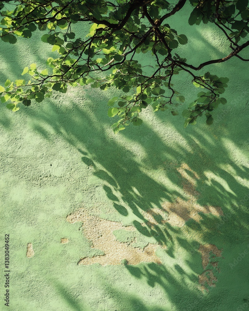 Poster serene green wall with sunlight filtering through leaves creating a playful shadow pattern nature's 