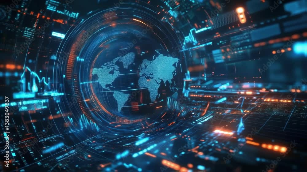 Aufkleber rotating digital world map within futuristic cyberspace illustrates global connections and data exch