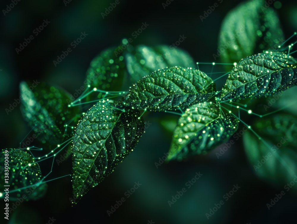 Poster enchanting foliage with ethereal glow and intricate network of light in a captivating botanical disp