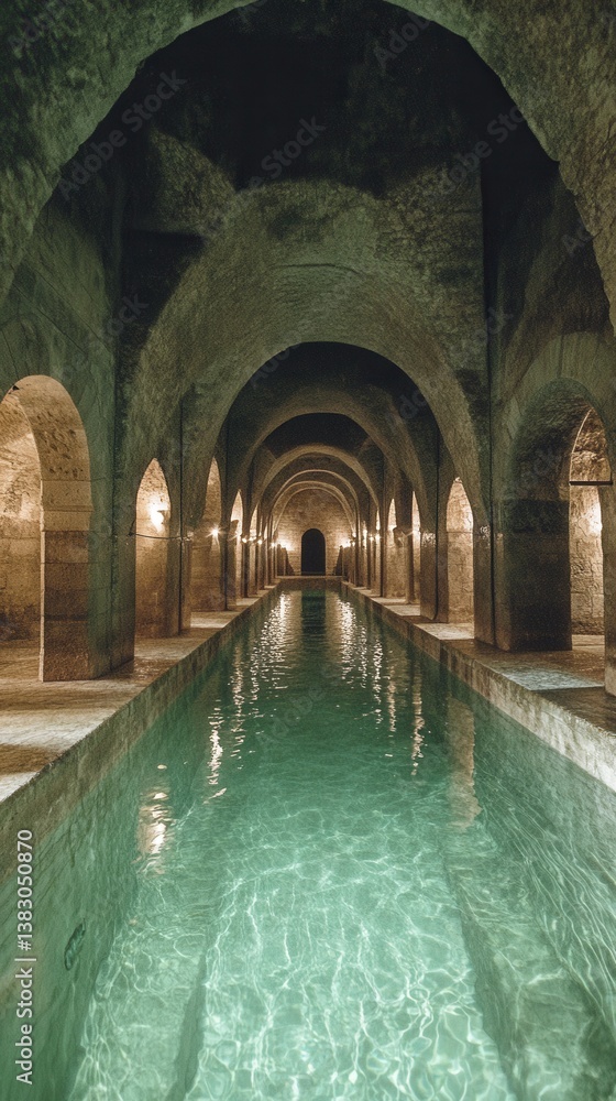 Poster serene ancient reservoir with arched stone architecture and emerald water reflection creating a tran