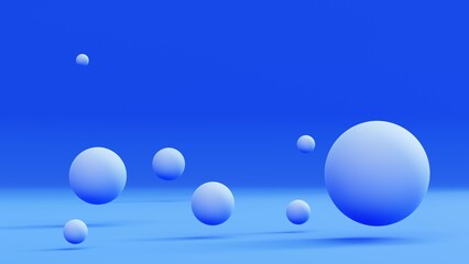 Soaring spheres on a blue background. Abstract 3d render.