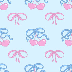 Coquette cherry with bows seamless pattern set. Hart-shaped berries with ribbons on pastel pink and blue colors. Romantic trendy hand-drawn, vector illustration.