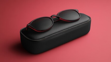 Stylish Sunglasses in Black Leather Case on Red Background Fashion Accessory Photography