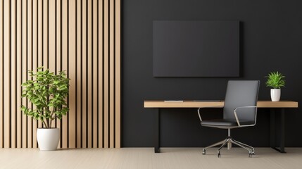 Modern minimalist office interior featuring a sleek desk and ergonomic chair against a dark wall