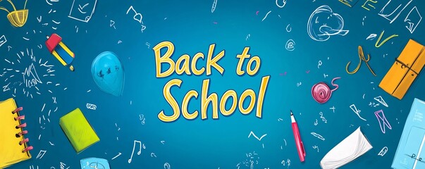 Back to school banner with colorful school supplies on blue chalkboard with scribbles
