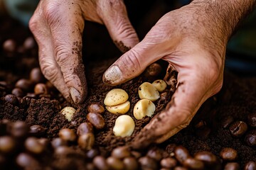 Hands carefully planting macadamia nuts in soil