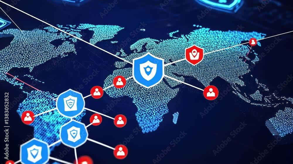 Poster global cyber security network protecting world map with digital shield icons, ensuring online safety