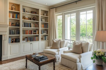 Light beige wall in living room with a bookcase and armchair.
